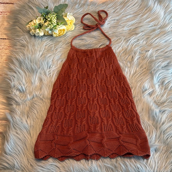 Windsor Tops - Windsor Terracotta Knit Crochet Halter Tank sz S